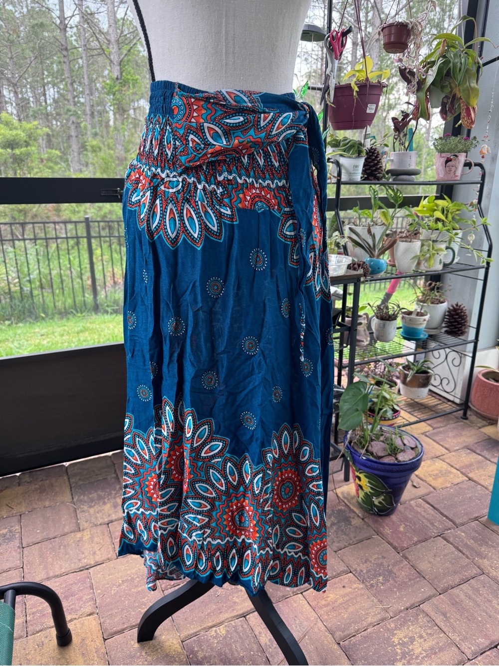 Boho Teal Faux Wrap Maxi Skirt with Red & White Mandala Print